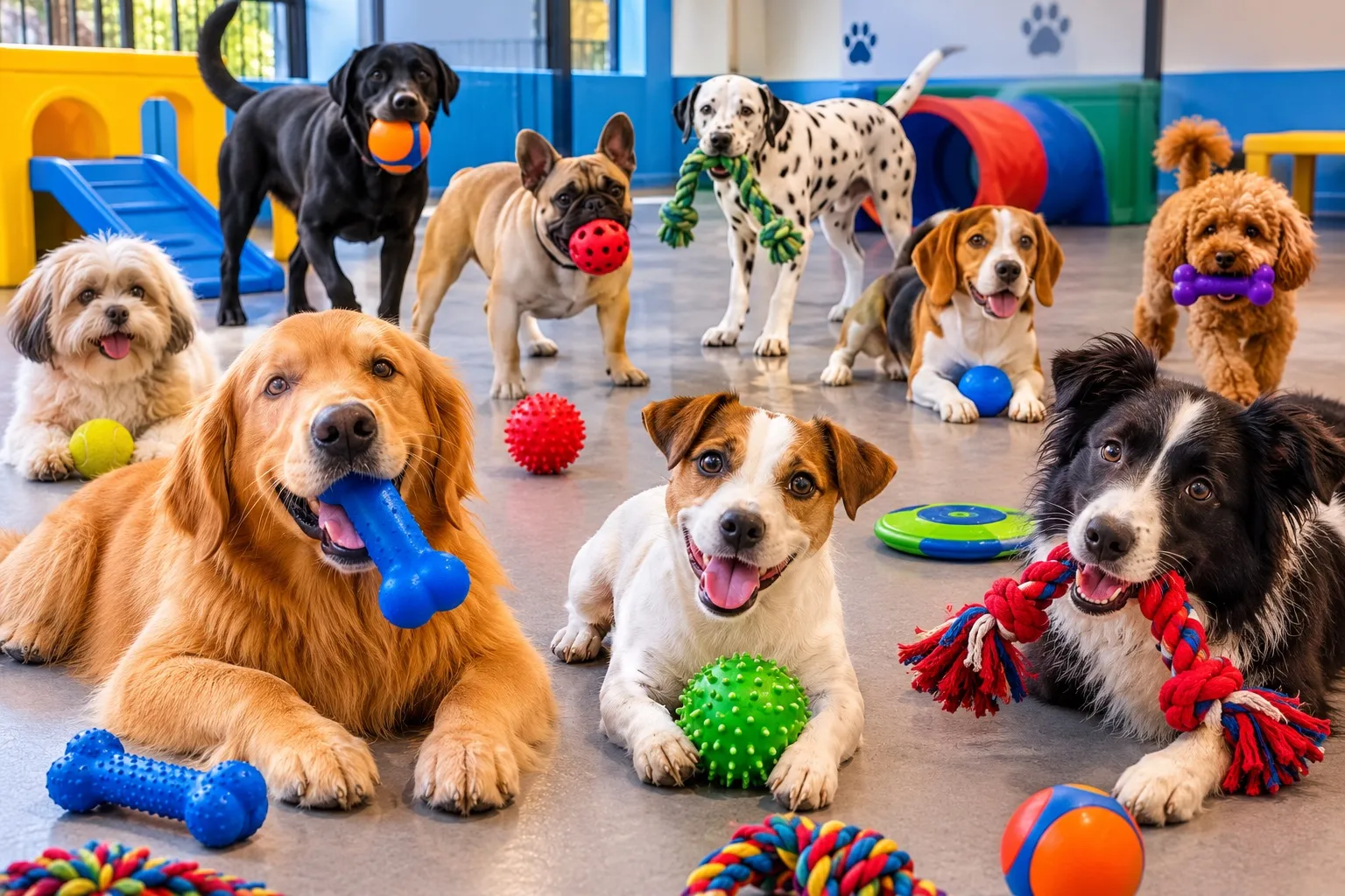 Vários cães brincando juntos com brinquedos coloridos