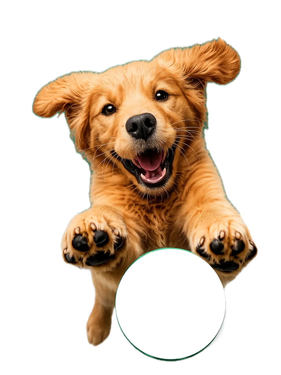 Filhote de golden saltando feliz atrás de uma bolinha
